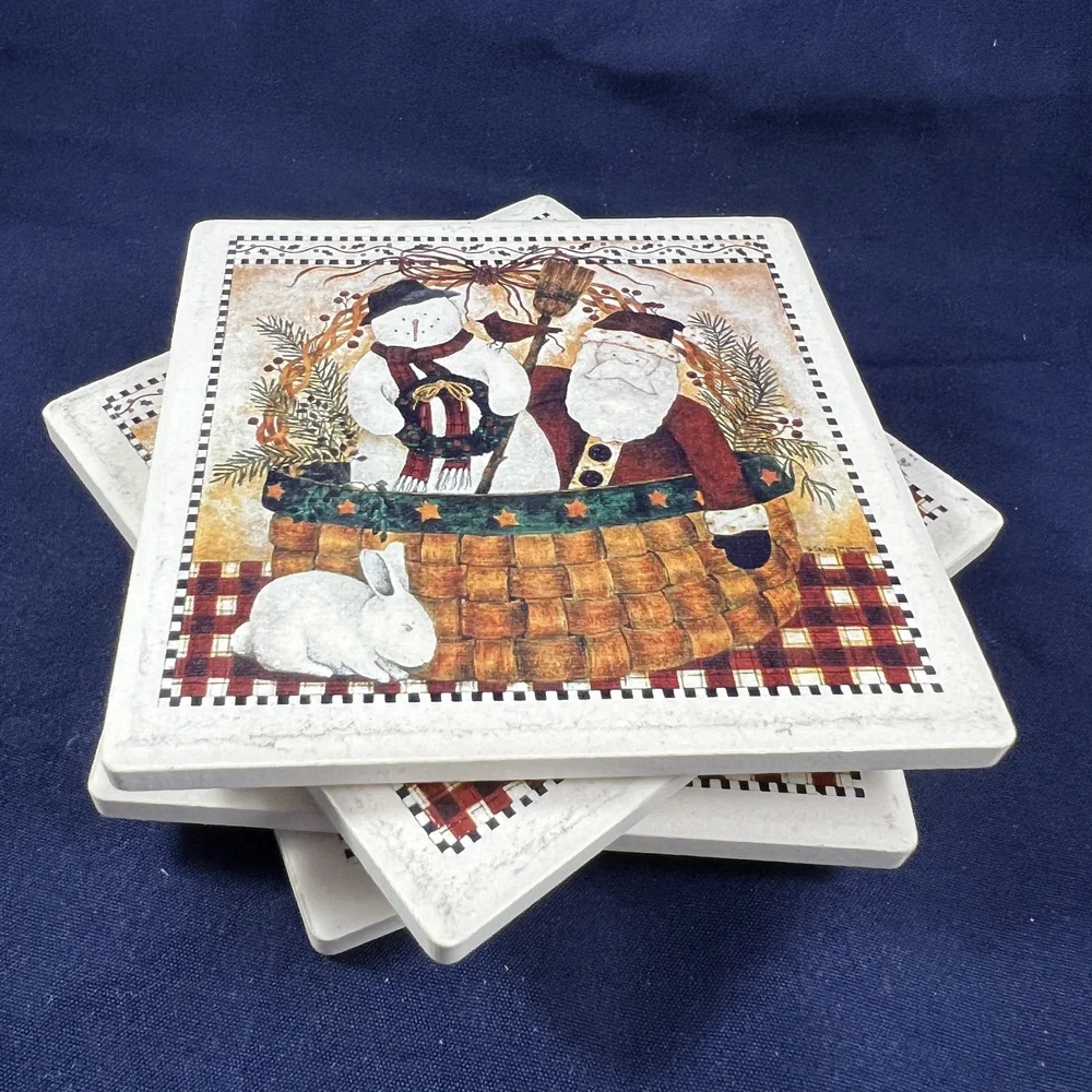 Debbie Mumm Coasters Set Of 4 Plaid Primitive Christmas Santa Snowman Rustic